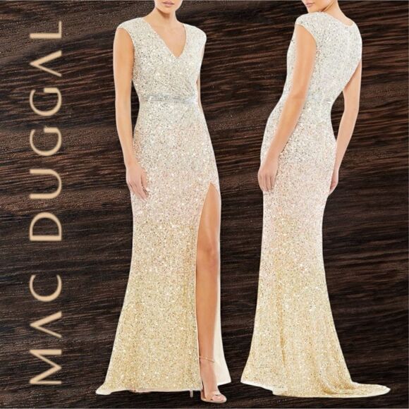 MAC DUGGAL Women’s Cap Sleeve Sequined High Slit Gown in the Size 14 Nude Ombré - Picture 1 of 15